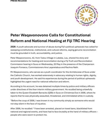 FTRC Press Release_ Peter Waqavonovono Calls for Constitutional Reform and National Healing at Fiji TRC Hearing