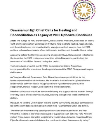 FTRC Press Release_Dawasamu High Chief Calls for Healing and Reconciliation as Legacy of 2000 Upheaval Continues